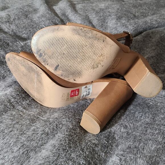 Women 8.5 ALDO Camel Leather Chunky Heel Peep Toe Slingback Bootie Heels Shoes‎ - Picture 7 of 8